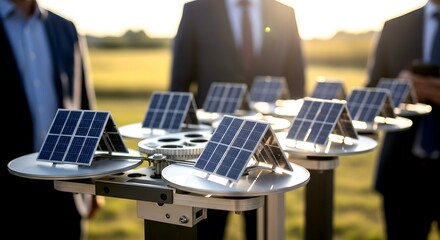 Miniature Solar Panels Displayed with Business Professionals in