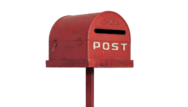 Vintage red metal post box with weathered texture and clear lettering offers rustic charm