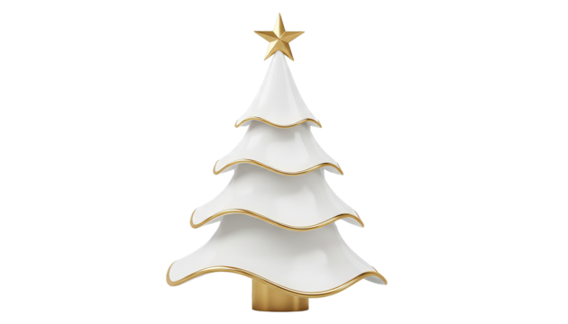 Stylized white Christmas tree with gold trim and star evokes festive mood and holiday elegance.