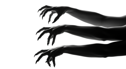 Three reaching grayscale arms with claw-like nails create a menacing, shadowy silhouette of horror.