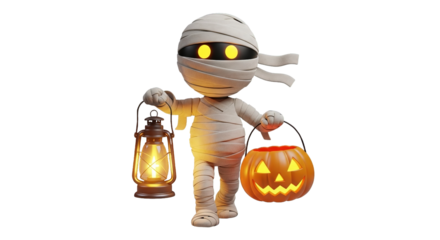 Whimsical mummy character holds a lantern and pumpkin bucket for Halloween trick-or-treating fun.