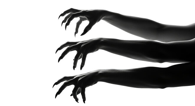 Three reaching grayscale arms with claw-like nails create a menacing, shadowy silhouette of horror.
