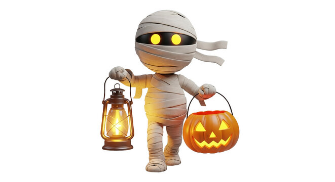 Whimsical mummy character holds a lantern and pumpkin bucket for Halloween trick-or-treating fun.