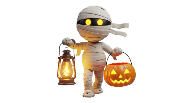 Whimsical mummy character holds a lantern and pumpkin bucket for Halloween trick-or-treating fun.