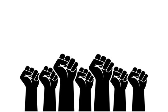 Symbol of solidarity and protest, raised clenched fists against a white background, representing strength and unity in social movements