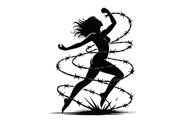 Naklejka premium Defiant Silhouette Woman Escaping Barbed Wire Entanglement