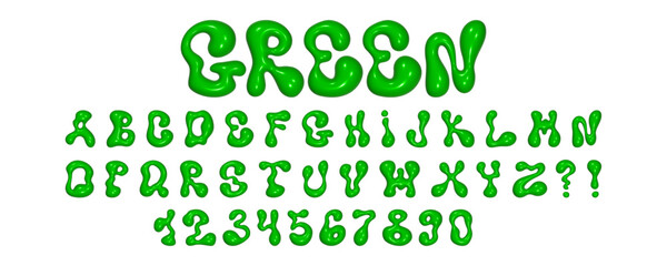 Wavy 3D font featuring liquid letters and numbers with reflective glossy texture displayed in vibrant green color