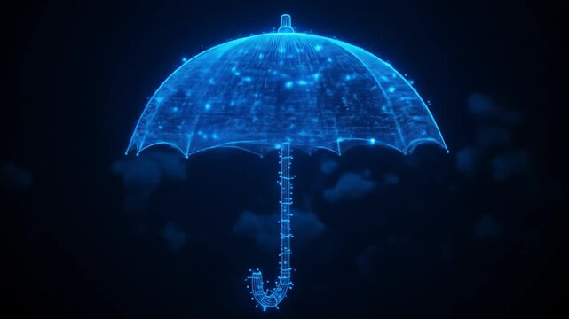 A glowing digital blue umbrella made of interconnected dots. 4k video
