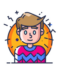 Portrait of a Young Man with Short Brown Hair in Colorful Sweater, Digital Illustration, Minimalist Graphic Style, Abstract Background, Front View, Modern Concept