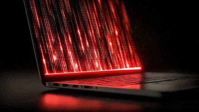 AI generated video of a laptop displaying abstract red data streams, representing cybersecurity, coding, and advanced technology.