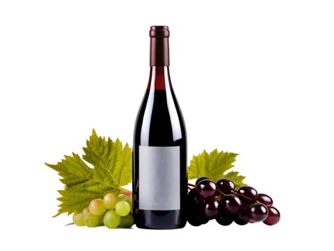 Red wine bottle with green and red grapes isolated on a transparent background green grapes