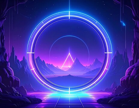 Glowing neon portal above a futuristic landscape with mountains - Powered by Adobe