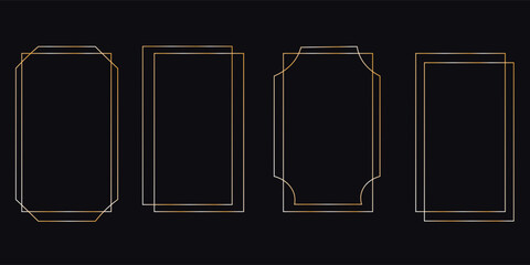 Thin golden frame set. Gold geometric border collection in art deco style. Thin linear shining rectangular shape bundle. Brass glowing shiny