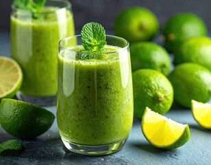 Green Smoothie Glass Adorned with Mint Surrounded by Fresh Limes on a Blue Table High Angle View Food Photography