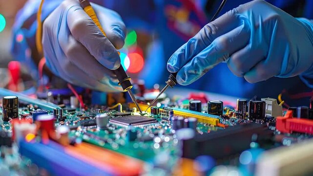 Close-up of hands in blue gloves carefully repairing electronic circuit board with soldering iron