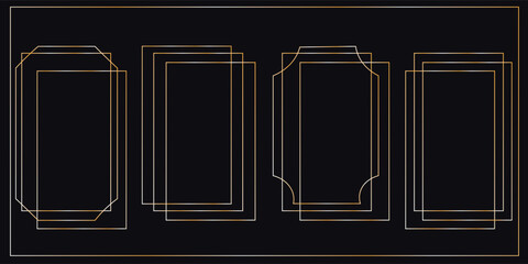 Thin golden frame set. Gold geometric border collection in art deco style. Thin linear shining rectangular shape bundle. Brass glowing shiny