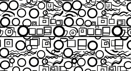 Abstract black and white pattern featuring circles, squares, and wavy lines.
