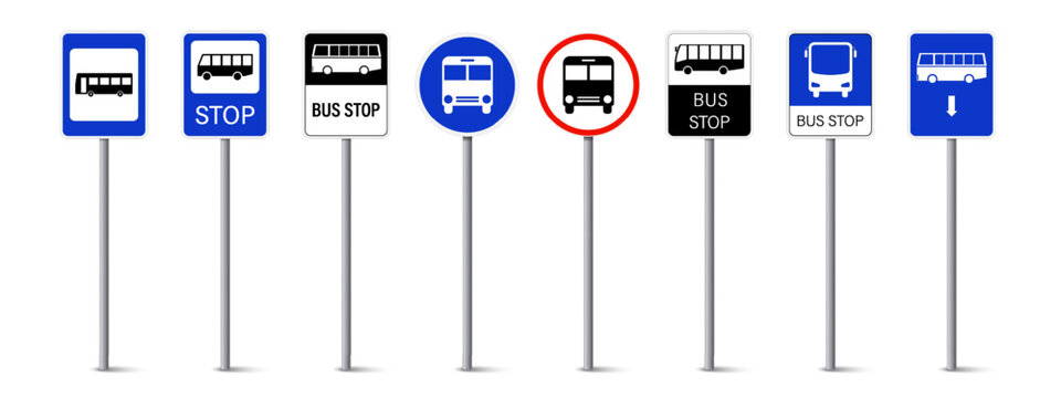 Set of bus stop signs. Bus stop road sign. Traffic bus stop symbol. Street road symbol.