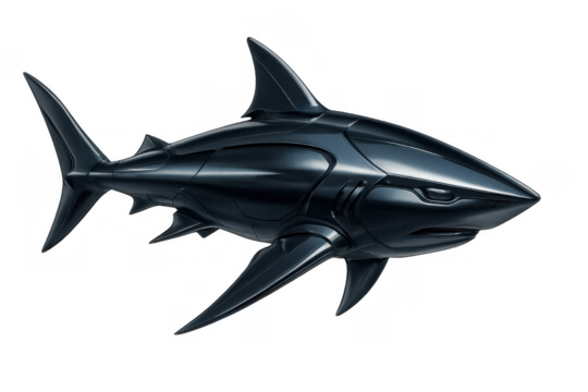Robot shark illustration showing a mechanical predator for themes of innovation, technology, danger, and marine exploration