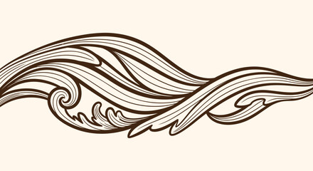 Ornate decorative element featuring swirling lines and leaf-like shapes in a horizontal design.