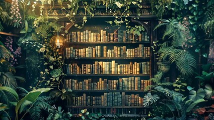 Enchanting botanical library backdrop with lush greenery and vintage book collection shelves
