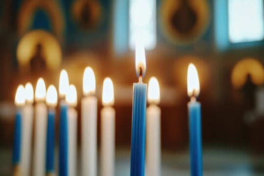 Burning candles illuminating a spiritual atmosphere inside a church, representing faith, hope, and worship with copyspace
