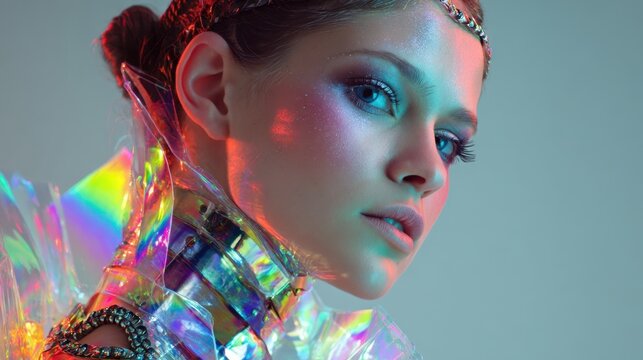 A model poses in a vibrant outfit featuring metallic and transparent elements. Shimmering lights create a colorful glow around her enhancing the artistic atmosphere of the studio.