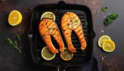 Grilled Salmon Steak with Lemon Slices in Black Cast Iron Pan on Dark Background Culinary Food Photography High Angle View