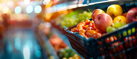 Basket full of fresh fruits including apples and oranges, displayed in a market with blurred background lights.