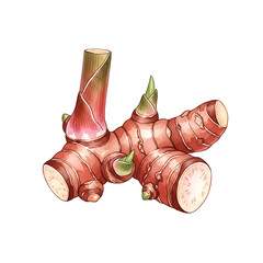Watercolor Painting of Fresh Ginger Root, Botanical Illustration, Isolated on White Background