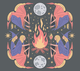 Mystical witch coven gathering under celestial night sky with campfire and full moons, symmetry.
