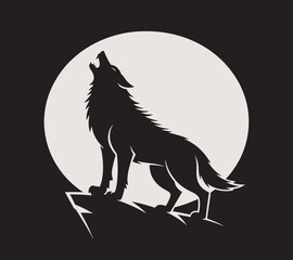 Powerful howling wolf silhouette stands on a rugged peak against a full moon vector
