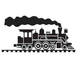 Historical steam train engine silhouette icon with billowing smoke on tracks illustration