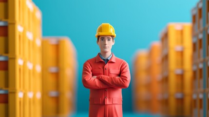 A worker in a yellow helmet and red uniform stands confidently with arms crossed between stacked cargo containers.