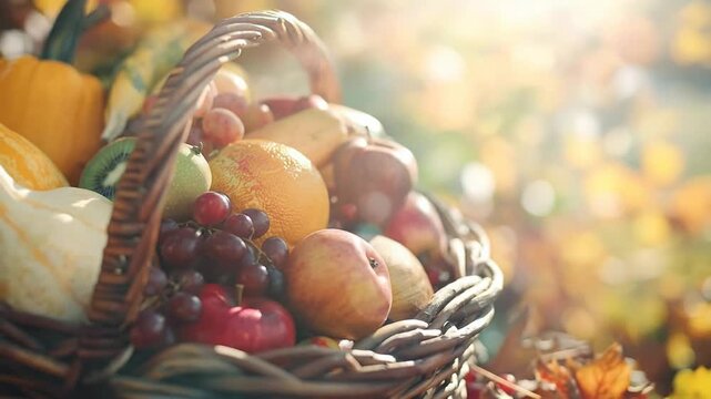 A wicker basket overflowing with a vibrant assortment of autumn harvest fruits and gourds, bathed in warm golden sunlight.
