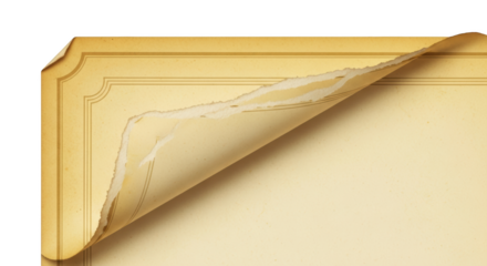 Aged yellow paper corner with torn edge and decorative border isolated on a transparent background parchment