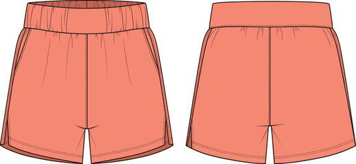 Technical fashion flat sketch template of women's running shorts with wide elastic waistband, side slit detail, front and back vector