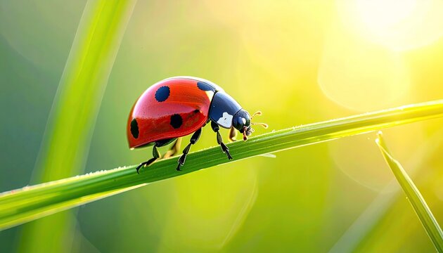 A vibrant red ladybug with black spots traverses a dew-kissed green blade of grass, illuminated by the warm glow of the sun. - Powered by Adobe