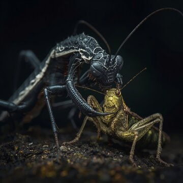 Close-up macro view of a predatory insect gripping a grasshopper. The scene shows detailed textures of both insects against a dark background.