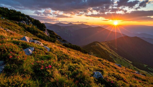 Golden hour sunrise over rolling hills and mountains