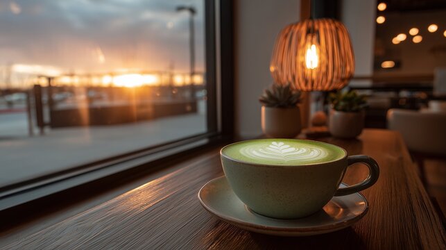A cup of matcha with latte art against the sunset in a cozy cafe