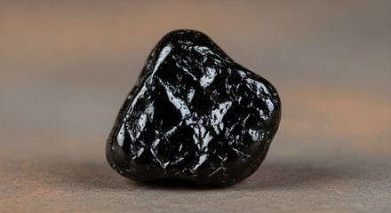 Dramatic close-up of polished black obsidian stone reflecting light on neutral textured surface. isolated on white background