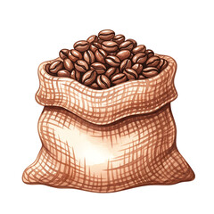Watercolor Painting of Coffee Beans in Burlap Sack, Isolated on White Background, High-Quality Clipart