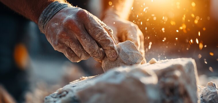 Close-up of a craftsman"s hands shaping stone with precision, surrounded by dust particles illuminated by warm sunlight.