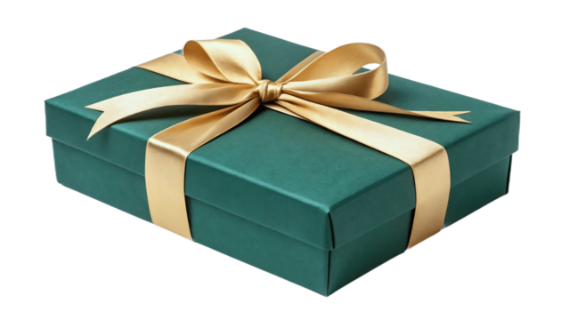 Elegant green gift box with gold ribbon isolated on transparent background