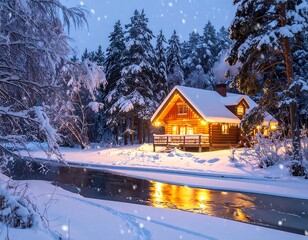 A warmly lit wooden cabin glows at dusk, surrounded by a snow-covered forest and a partially frozen river. Snowflakes fall