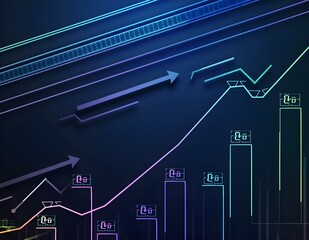 Colorful digital lines and arrows forming a modern financial growth concept on a dark backdrop.
