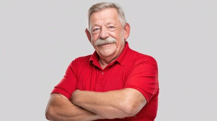 Obraz premium A cheerful older man with a white mustache stands confidently with his arms crossed. He wears a vibrant red shirt and exudes a friendly and approachable demeanor.