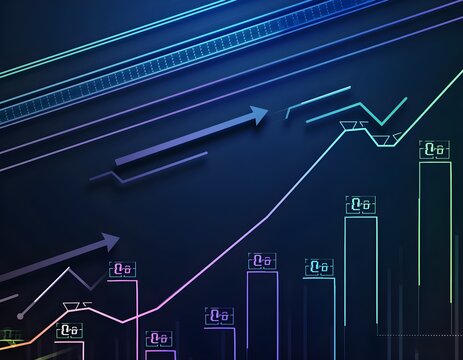 Colorful digital lines and arrows forming a modern financial growth concept on a dark backdrop. - Powered by Adobe