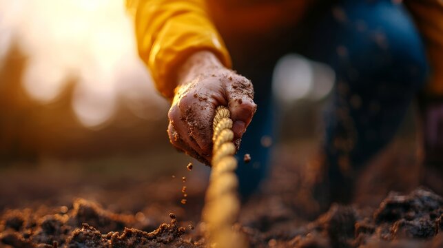 A close-up of a muddy hand gripping a rope, pulling with effort against a blurred outdoor background during sunset or sunrise.